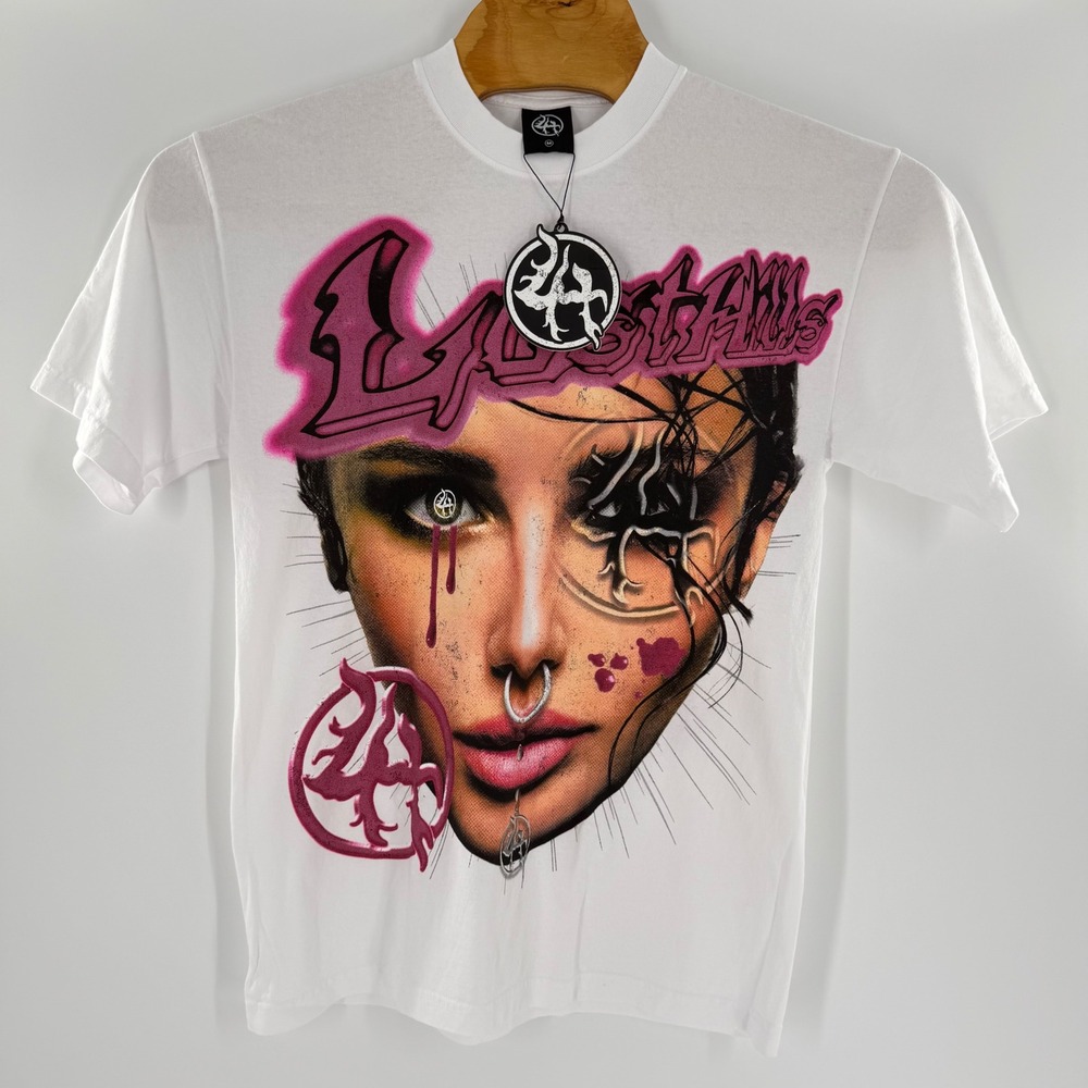 Lost Hills Mens White Graphic T-Shirt Pink Airbrush Portrait Streetwear Size M